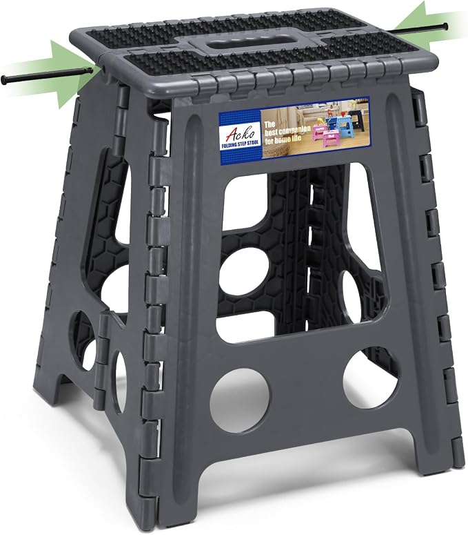 ACKO 16 Inch Folding Step Stool, 400 lbs Capacity Foldable Stools, Dot Gray | Portable Heavy Duty Collapsible Foot Stool with Handle for Adults & Kids, Non-Slip, Safety Lock, Kitchen Bathroom Outdoor