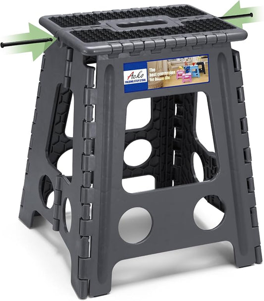 ACKO 16 Inch Folding Step Stool, 400 lbs Capacity Foldable Stools, Dot Gray | Portable Heavy Duty Collapsible Foot Stool with Handle for Adults & Kids, Non-Slip, Safety Lock, Kitchen Bathroom Outdoor