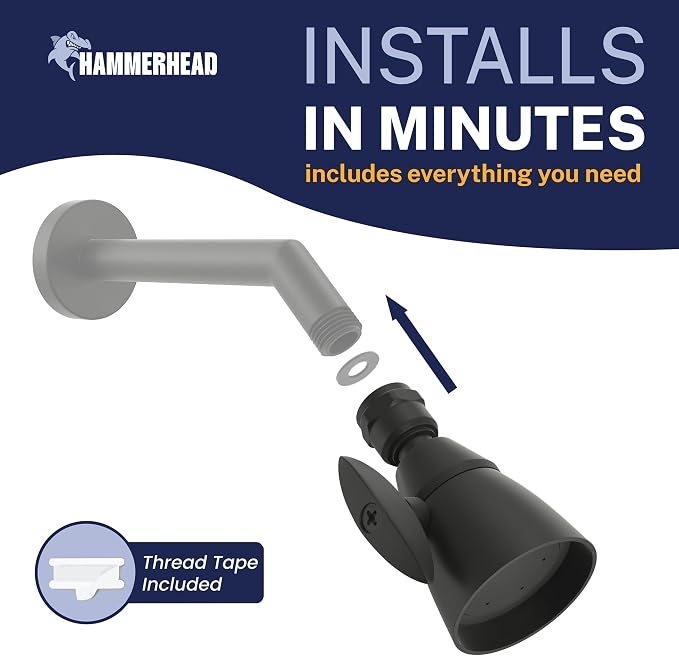 HammerHead Showers® Solid Metal 2 Inch High Pressure Shower Heads - MATTE BLACK – 2.5 GPM Shower Heads High Pressure - High Flow Shower Head with ADJUSTABLE SPRAY PATTERN - Fixed Shower Head