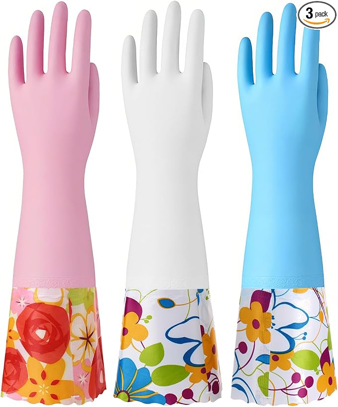 Bamllum 16-Inch Latex-Free Cleaning Gloves, Cotton Flocked Liner, Medium | Reusable Dishwashing Gloves with Long Cuffs and a Non-Slip Grip, in Pink and Yellow