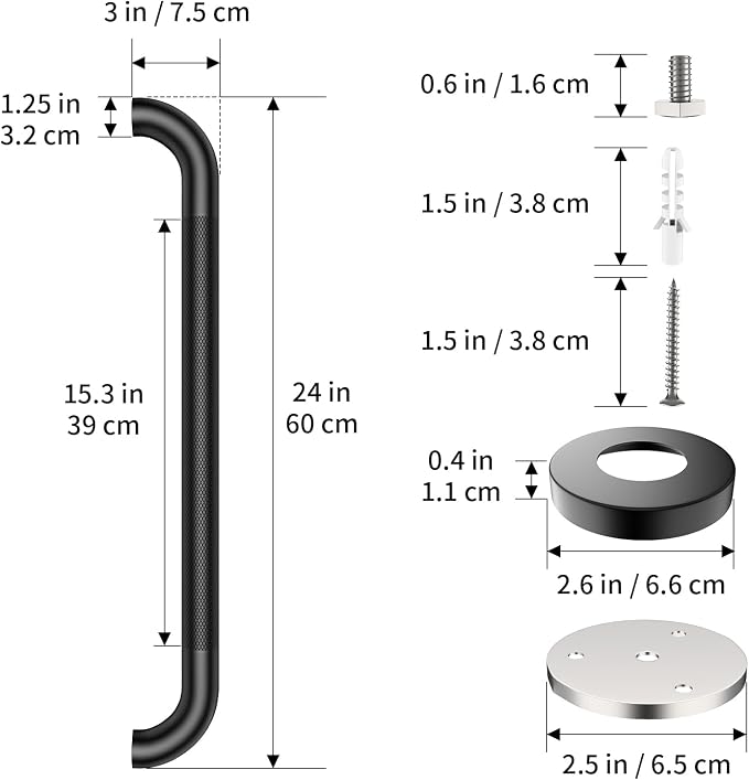 ZUEXT 24 Inch Matte Black Anti Slip Shower Grab Bar with Knurled Grip | Stainless Steel Bathroom Safety Handle, Heavy Duty Wall Mounted, Balance Support Rail for Seniors Disabled, 1.25" Diameter