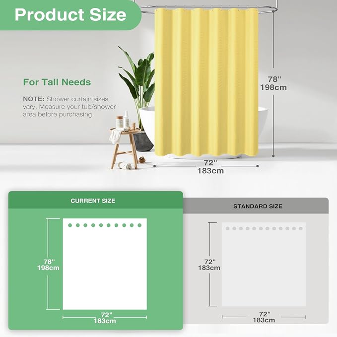 Long Waffle Shower Curtain 256 GSM Heavy Fabric 72x78 Yellow | 78 Inch Long, Thick Polyester Cloth, Weighted Hem, Water Repellent, Washable, Tall Hotel Bathroom Shower Curtain Set 12 Hooks
