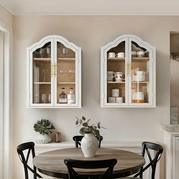 FIMELLO 47.2’’W Wave Design Arched Wall Cabinet, Bathroom Cabinet with Glass Doors Adjustable Shelf, Above Toilet Cabinet, Kitchen Wall Cabinet, Wall Bookshelf, White Grain
