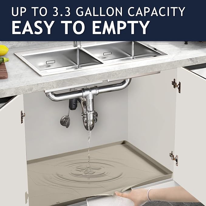 Heavy Duty Silicone Under Sink Mats for Kitchen Waterproof 25" x 22", Extra Thick Under Sink Rubber Mat Drip Tray, Raised Edge Under Sink Liner,Prevent Drips, Leaks, Spills,Brown