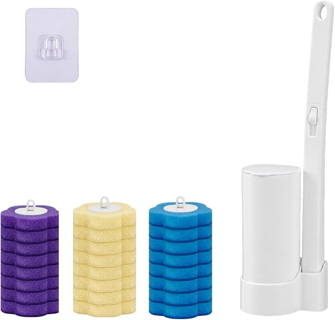Disposable Toilet Brush Wand Starter Kit with 24 Pre-Loaded Cleaner-Infused Refills, Wall Mounted Toilet Bowl Cleaner System with Holder, Space-Saving Bathroom Cleaning Supplies for Home, RV