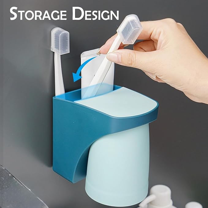 Blue Magnetic Cup Holder for Bathroom, sgzscl Toothbrush Wall Mounted Toothpaste Storage Drain Drill-Free Space Saving Organizer for Family Members