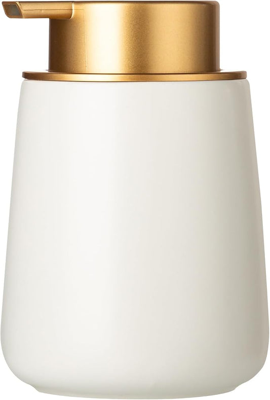Enra White Ceramic Soap Dispenser, Lotion Dispenser with Gold Pump | 12oz Wide-Mouth Refill Design With Durable Ceramic Body. Elegant Accent for Countertops, Kitchens,and Modern Home Decor.