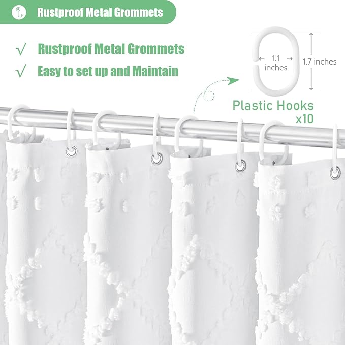 Stall Boho Farmhouse Shower Curtain Tufted Geometric 54"x72" White | 54 Inch Wide, Elegant Tassel, Lightweight Textured Fabric, Water Repellent, Washable, for Narrow Bathroom/Dorm 10 Hooks