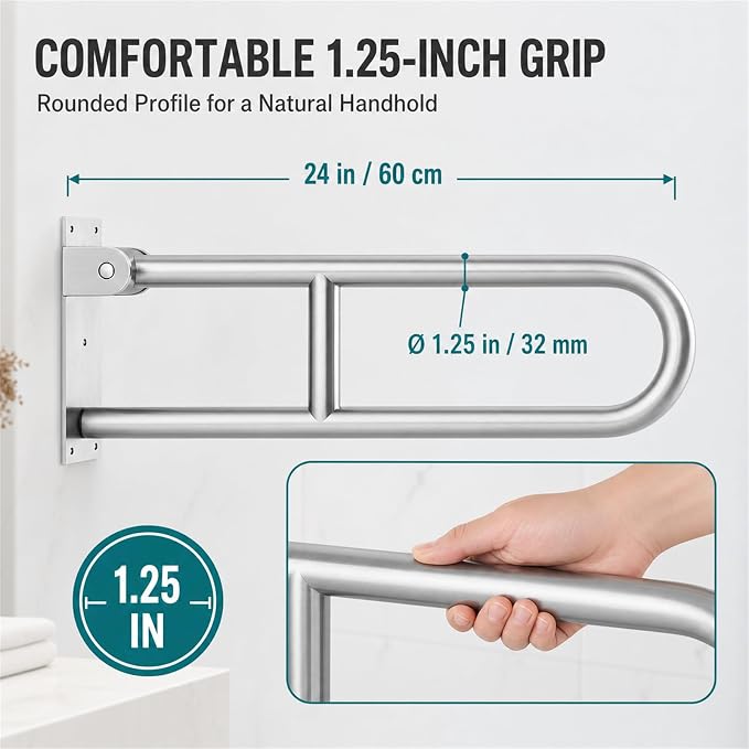 Foldable Toilet Grab Bar - 24 Inch T304 Stainless Steel Rail | Bathroom Flip Up Handle for Wall Mounted Support, Flip Up Design, Space Saving, Easy Installation