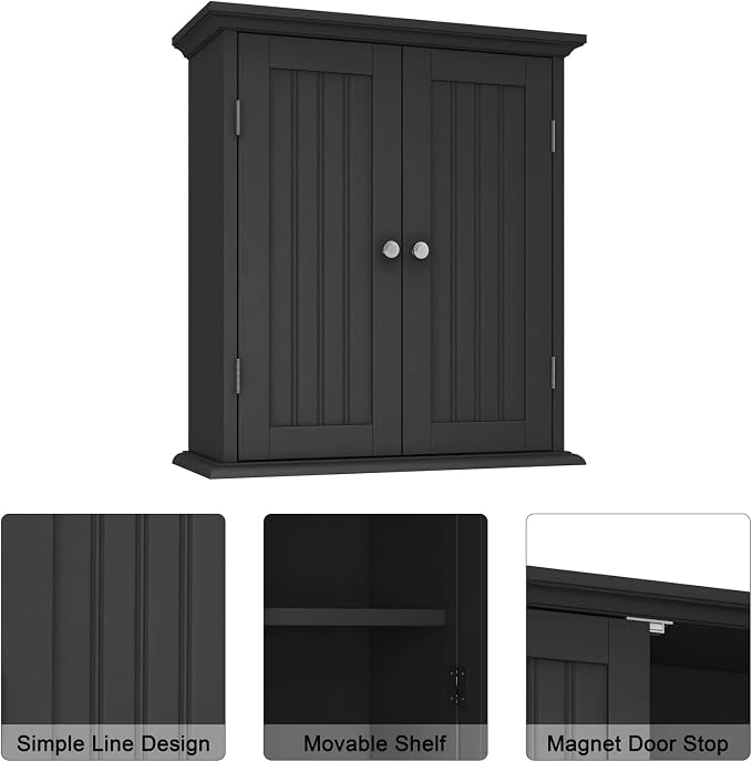 ChooChoo Bathroom Wall Cabinet with 2 Doors, Over The Toilet | 8.8"D x 21.1"W x 24"H, Medicine Cabinet, Adjustable Shelves, Cupboard, Black