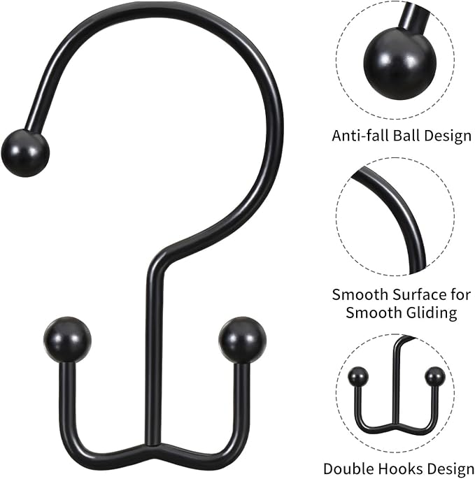 CHICTIE Black Shower Curtain Hooks, Double Shower Curtain Rings, Stainless Steel Shower Curtain Hooks Rings Rust Proof, Anti-Drop Shower Hooks Hangers for Shower Curtain Rods Bathroom (12 Pack)