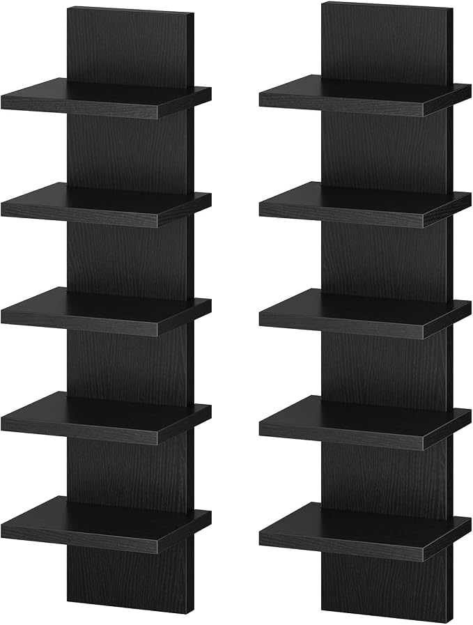 HOOBRO 5 Tier Wall Shelf Unit, 2 Pack Floating Shelves for Wall, Wall Mounted Shelves for Storage, Vertical Display Shelf, Organizer Tall Tower Design for Livingroom Bedroom Kitchen, Black BK18BJP201