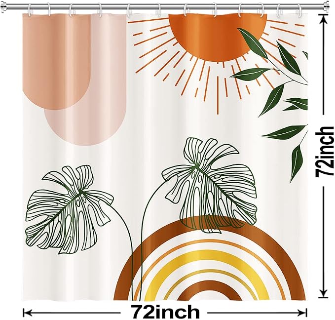 Boho Orange Shower Curtain with Hooks for Bathroom 72x72 Inch | Waterproof Abstract Sunrise Shower Curtain Set, Green Leaves Soft Bathroom Decor, Machine Washable
