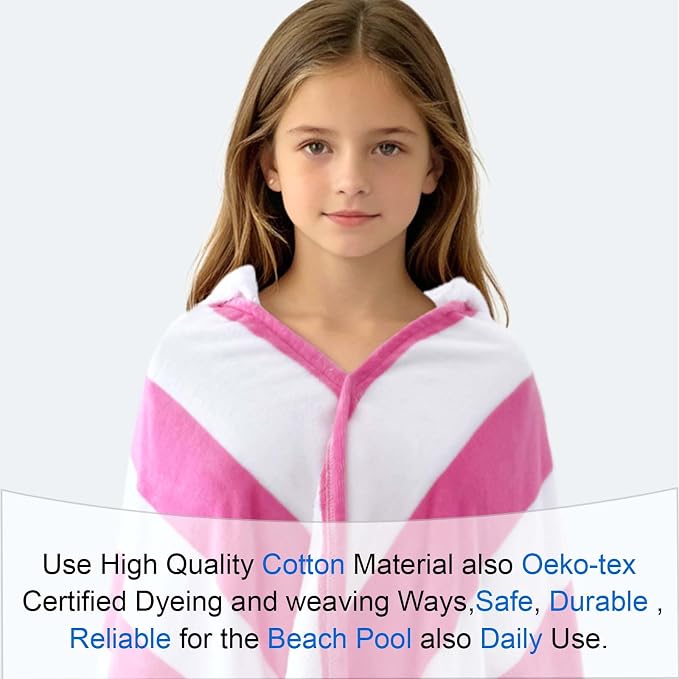 VOOVA & MOVAS Big Kids Hooded Towel, 8+, 100% Cotton, Hot Pink White Stripe | Bright Stripe Pattern, Soft, Absorbent & Fast Drying, Perfect for Beach and Pool Parties