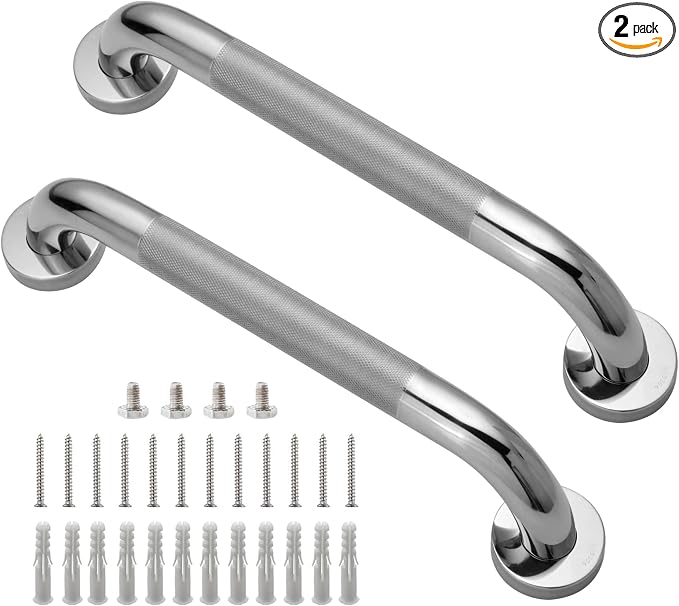 Rockgoya Shower Grab Bar, 2 Pack 12 Inch Bathroom Grab Bar, 304 Stainless Steel 1.25" Diameter Anti-Slip Handicap Grab Bar Support Shower Rail Senior Handrail Shower Safety Bar Handle