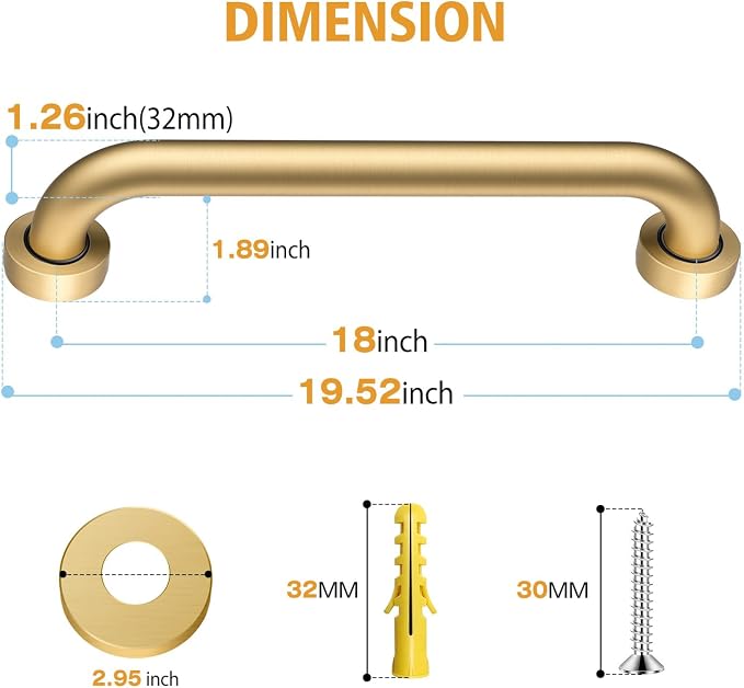 18" Shower Grab Bar, 500 lb Heavy Duty Brushed Gold Stainless Steel | Grab Bars for Bathtubs and Showers, Bathroom Grab Bar,Safety Shower Handle,Handicap Elderly Injury Senior Assist Bath Handle