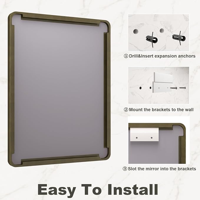 28x36 Inch Bronze Framed Bathroom Mirror | Brushed Bronze Metal Frame, Rounded Rectangle Vanity Mirror, Tempered Glass, Anti-Rust, Shatterproof (Horizontal/Vertical)