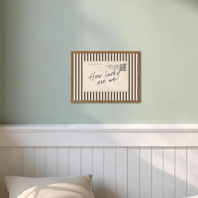 Vintage How Lucky Are We Wall Art Trendy Inspirational Quote Sign Wall Decor Picture, Preppy Postcard Striped Poster Canvas Print Picture for Living Room Bedroom 12x16 inch Wood Framed
