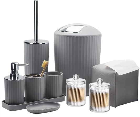 Bathroom Accessory Set, 10 Piece Grey Bathroom Set Complete | Includes Trash Can, Soap Dispenser, Toothbrush Holder, Soap Holder, Tumbler, Toilet Brush, Tray, Qtip Holders, Tissue Cover