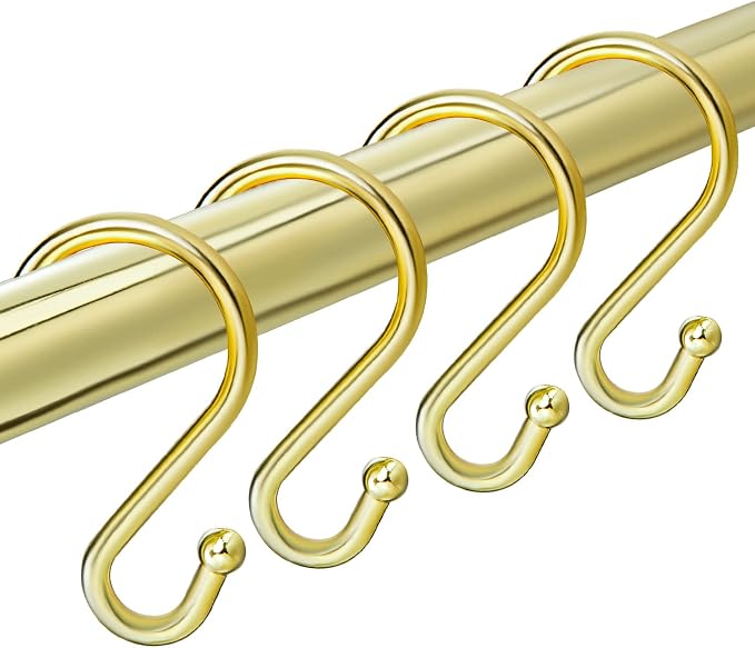 TOPROD S Shaped Shower Curtain Hooks Rings Shower Curtain Hangers S Hooks | Gold,Stainless Steel,Rust Proof,Durable,Free Gliding,Kitchen, Wardrobe,Set of 12