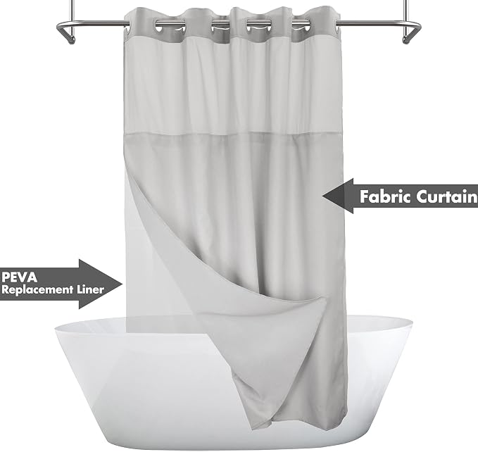 River Dream No Hook Slub Textured Shower Curtain with Snap-in PEVA Liner Set - 71" x 74"(72"), Hotel Style with See Through Top Window, Machine Washable & Water Repellent, Gray, 71x74 | Snap on/off Waterproof PEVA Liner, See Through Top Window, Slub Te...