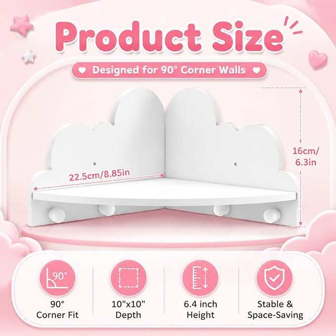 Novabright 3 Pcs Cloud Corner Floating Shelves for Nursery, 90 Degree Wall Mounted Corner Shelf with Hooks, Cute White Dispaly Shelves for Kids Rooms Home Decor - 2 No Hook, 1 with Hook