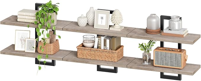 HOOBRO Floating Shelves, 15 Inch Wall Shelf Set of 3, Wall Mounted Storage Shelves 2-Tier, Hanging Bathroom Shelves, for Living Room, Bedroom, Bathroom, Kitchen, Greige and Black BG32BJP301