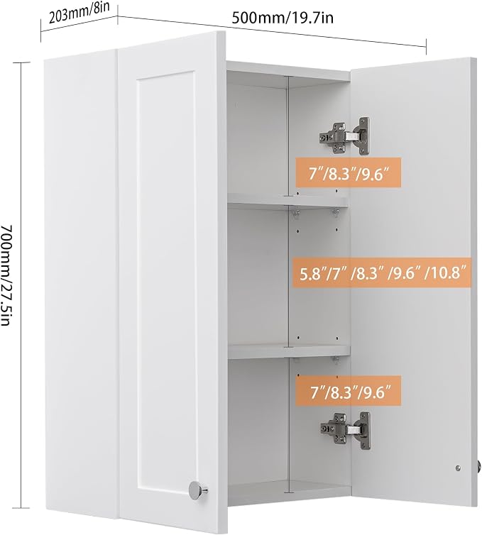 VANIRROR White Wall Mount Cabinet, MDF Over the Toilet Storage Cabinet | Medicine Cabinet with Adjustable Shelves, Space Saver 2 Door for Bathroom Laundry Kitchen,19x 27 inch