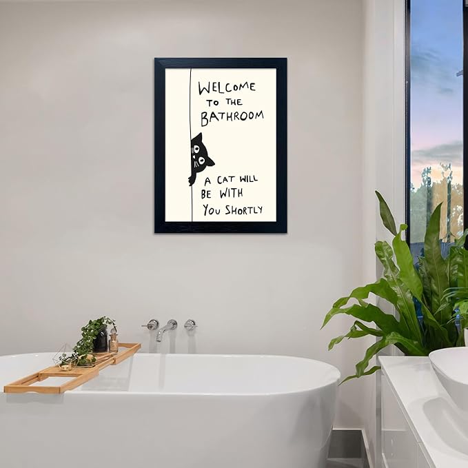 Framed Black and White Bathroom Painting Welcome to the Bathroom Wall Art A cat Will be With You Shortly Funny Cat Lover Picture Canvas Print Poster Modern Home Decor