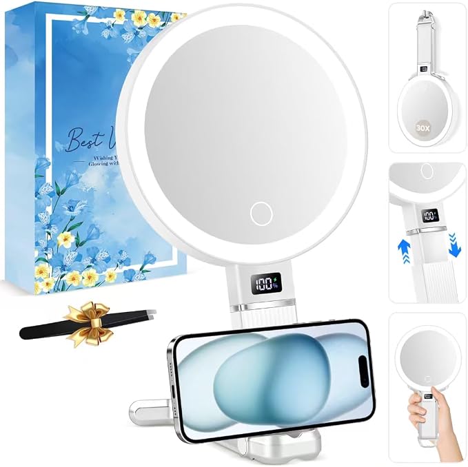 30X Travel Magnifying Mirror with Light, Height Adjustable Vanity Mirror with Phone Holder Stand, Portable Compact Handheld Makeup Mirror with Smart Display for Travel, Daily Makeup Use, White