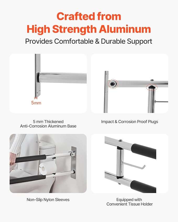 VEVOR Toilet Safety Rail, 30 Inch U-Shaped Handicap Grab Bar, Foldable Senior Safety Pole, Flip Up Toilet Grab Bars with Anti-Slip Handle, 300 Lbs Load Capacity Security Handrail with Paper Holder