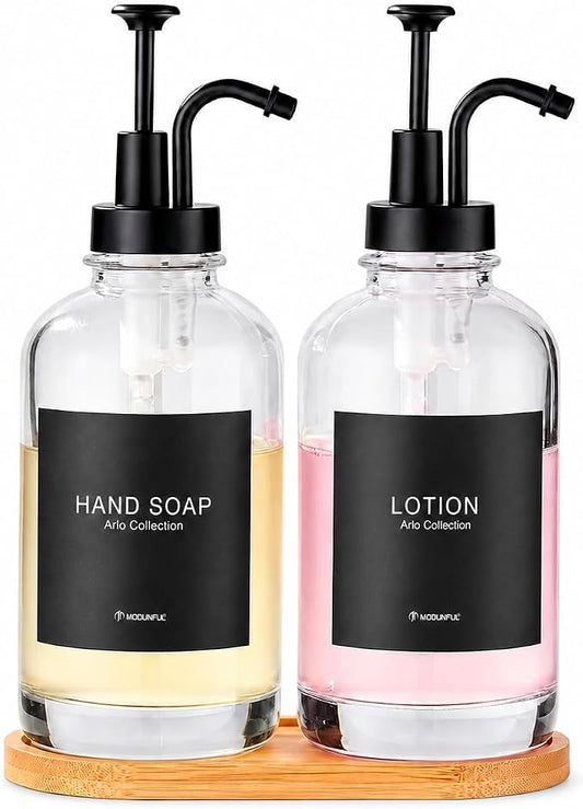 Glass Soap Dispenser Set 2, Black Rust-Proof Stainless Steel Pump 16.9oz | Bamboo Tray, Silicone Funnel, Refillable Kitchen Soap Dispenser with Residue Free Labels, Luxury Bathroom Decor