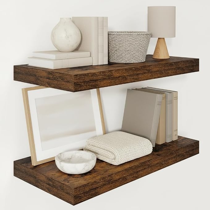 Vivelove 12" Deep Floating Shelves 24x12” Set of 2, Rustic Brown | Easy Install With Hardware, 2" Thick, Invisible Brackets, Wall Mounted, No Sagging, For Any Room