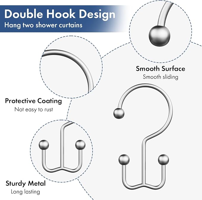 Bathway Shower Curtain Hooks Silver Shower Curtain Rings, 12 Pcs Double Hook Shower Curtain Hooks Rings Shower Curtain Hangers Rust Proof, Metal Shower Hooks for Bathroom Shower Curtain Rod