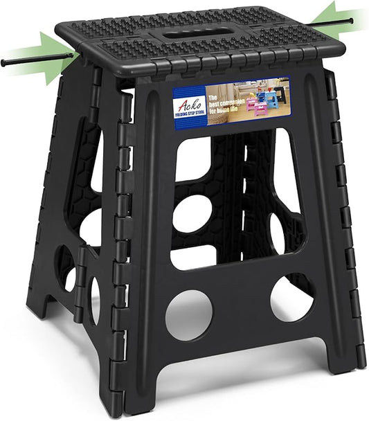 ACKO 16 Inch Folding Step Stool with Safety Lock, Holds 400 lbs, Dot Black | Portable Foldable Stools with Handle, Heavy Duty Collapsible Non-Slip Foot Stool for Adults & Kids, Kitchen Bathroom Outdoor