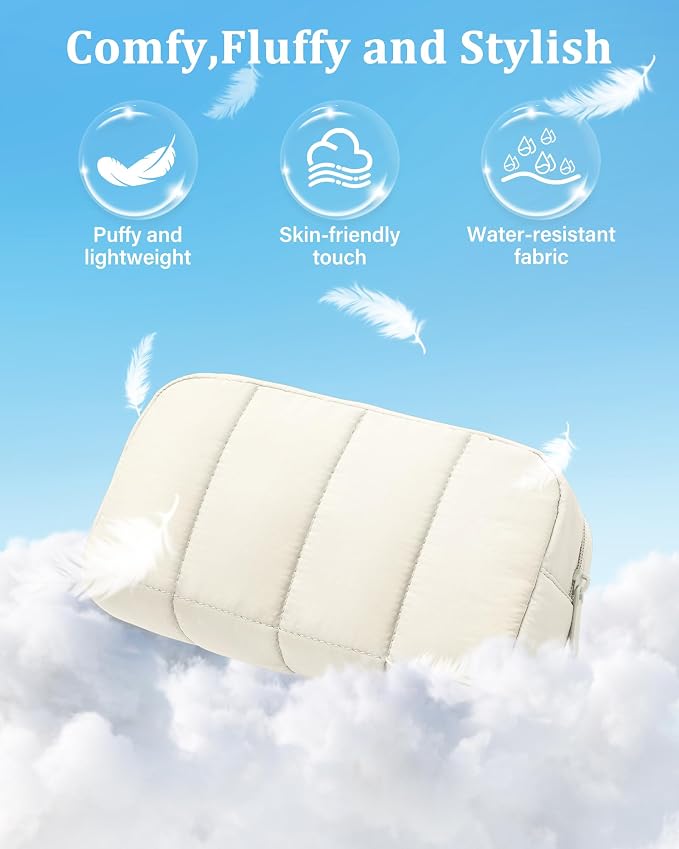 2 Pcs Makeup Bag Travel Toiletry Bag for Women Puffy Padded Cosmetic Pouch Purse Wide-open Makeup Organizer Case Travel Essentials