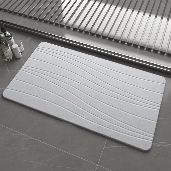 Extra Large Stone Bath Mat, 30'' x 17'' Diatomaceous Earth Non-Slip Stone Shower Mat, Super Absorbent Diatomite Stone Mats for Bathroom Light Gray XL Flow