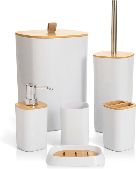Moss & Stone 6-Pcs White & Bamboo Bathroom Accessories Set, Soap Dispenser | Modern Plastic Bathroom Set with Toothbrush Holder, Soap Dish, Cup & Trash Can for Countertop Organization and Bathroom Decor
