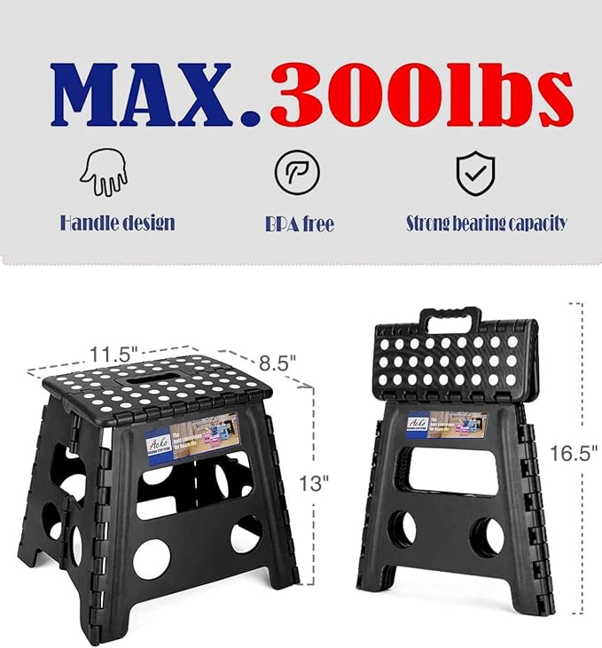ACKO 13 Inch Folding Step Stool, Holds 300 lb for Adults and Kids, Black | Collapsible Heavy Duty Foldable Stools, Portable Non-Slip Foot Stepping stool, Kitchen Bathroom Bedroom Outdoor with Handle