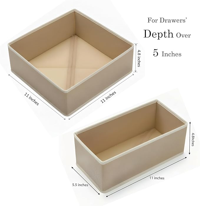 Drawer Organizer Set 4 Pack - Foldable 11" Fabric Storage Bins with Zipper Bottom for Underwear Socks Bras Baby Clothes - Closet Dresser Dividers for Bedroom Nursery, Light Grey