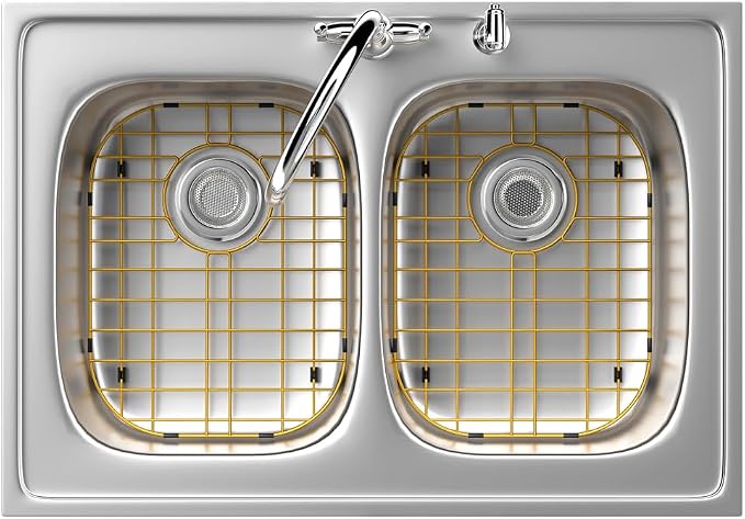 Universal Stainless Steel Sink Protector, Double Sink Bottom Grid Sink Rack with Rear Drain Hole for Kitchen Sink, 16 x13 Inches (Gold)