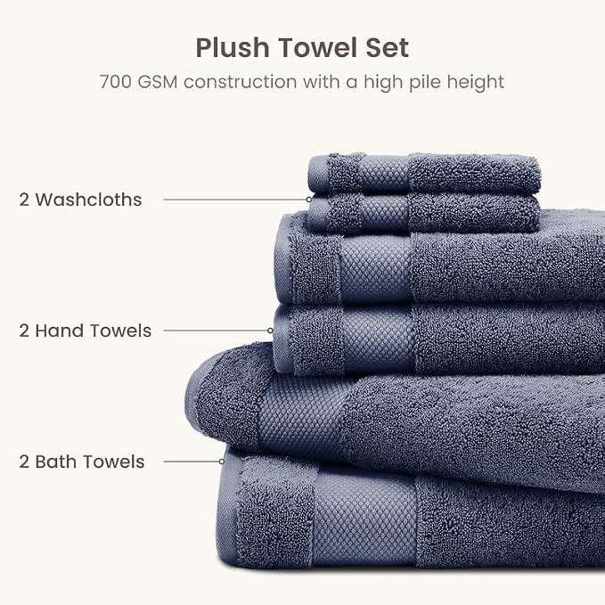 100% Organic Cotton 6-Piece Luxury Bathroom Towels Set GOTS Certified 700 GSM, 2 Bath Towels, 2 Hand Towels & 2 Wash Cloths - Mineral