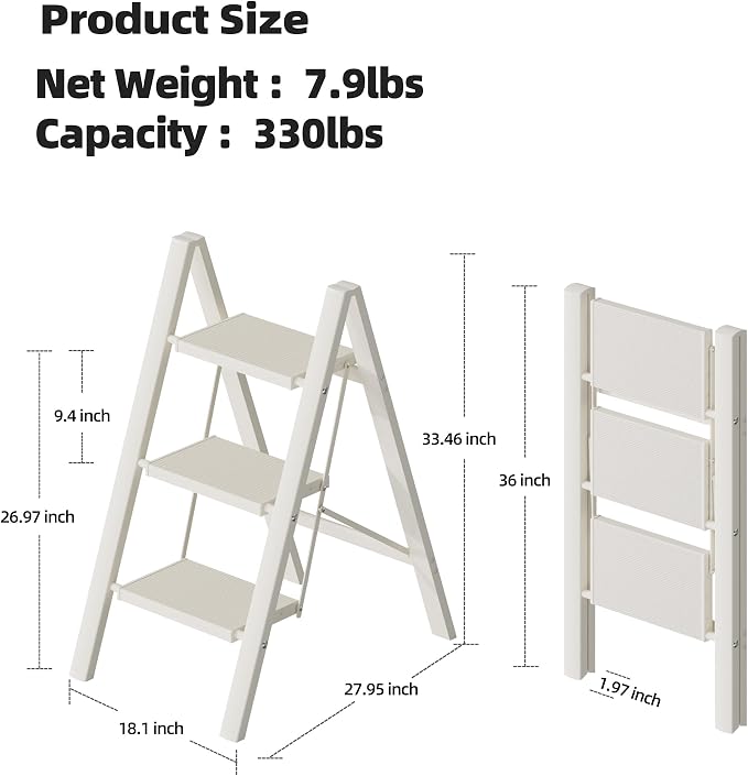 HillhutApex Aluminum Step Stool Foldable,3 Step Ladder (White) | Lightweight Portable step ladder with Anti-Slip Wide Pedal,330lbs Capacity Ladder for Household,Office,Kitchen
