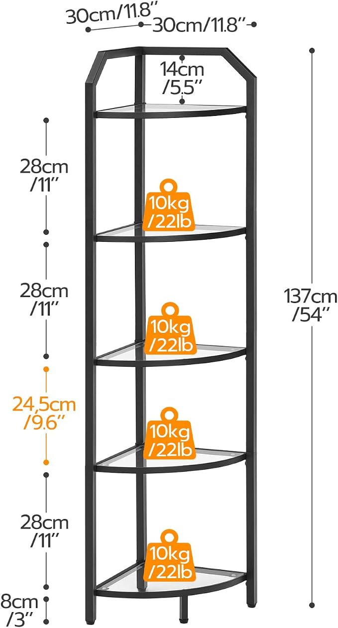 HOOBRO 5-Tier Corner Shelf Stand, Gold Corner Bookshelf, Tempered Glass Shelves, Bathroom Organizer, Corner Plant Stand, for Living Room, Study, Balcony, Home Office, Modern Style, Black BK15CJ01