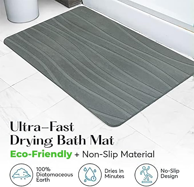 Stone Bath Mat for Bathroom, Dries in Seconds - Diatomaceous Earth, Gray | Super absorbent, quick-drying & easy to clean. Natural material that lasts — restores with light sanding.
