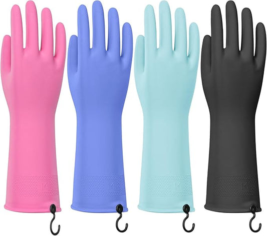 4 Pairs Rubber Dishwashing Gloves with Hanging Hooks - Reusable Cleaning Gloves for Kitchen & Household, Non-Slip, Durable and Flexible (Medium, 4 Colors: Black, Pink, Blue, Purple)