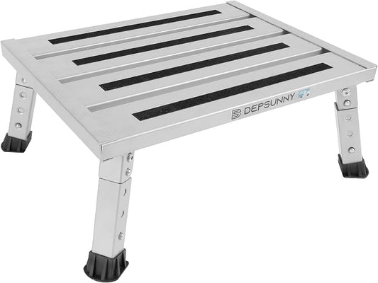 Adjustable RV Step Stool, Wide Platform, Foldable Legs, Silver | 3 Height Settings, 1,000-lb Capacity, Aluminum Frame, Non-Slip Rubber Feet, Portable Step for Camper Stairs and Trailers