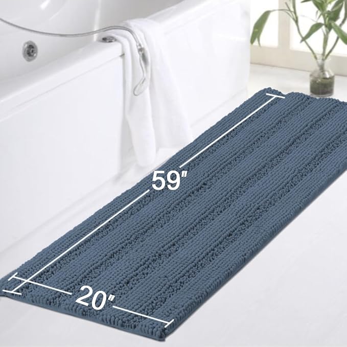 Turquoize Bathroom Runner Area Chenille Rug Oversize Non-Slip Shag Kitchen Shower Bath Mat Extra Long Blue Striped Washable for Bathroom, Size 59" x 20", Blue Indigo