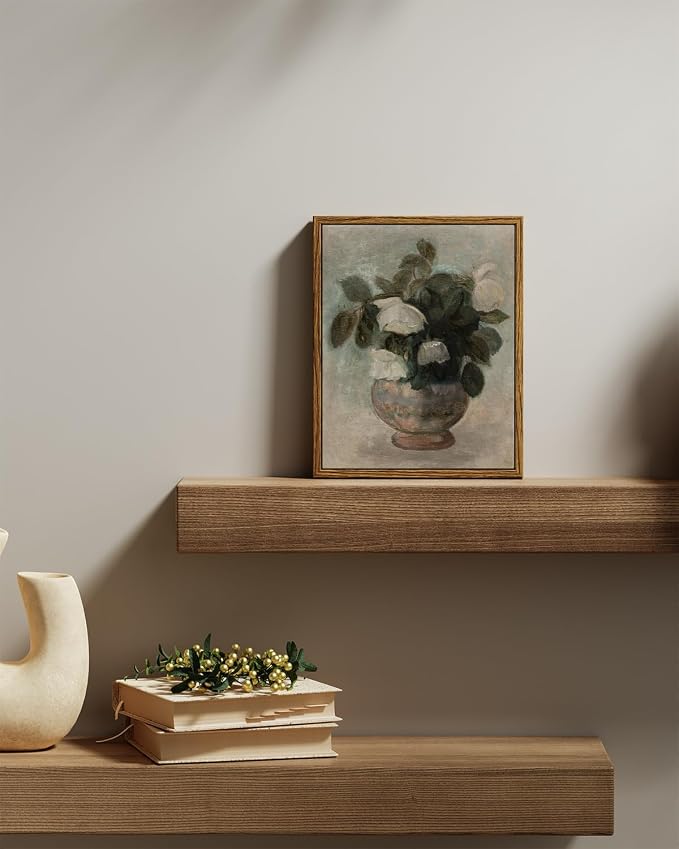 InSimSea Framed Canvas Prints Art Vintage Decor, Home Eclectic Roses in Vase Classical Oil Paintings for Wall Art Decorations, Rustic Farmhouse Floral Wall Decor for Bathroom, 8"x10"