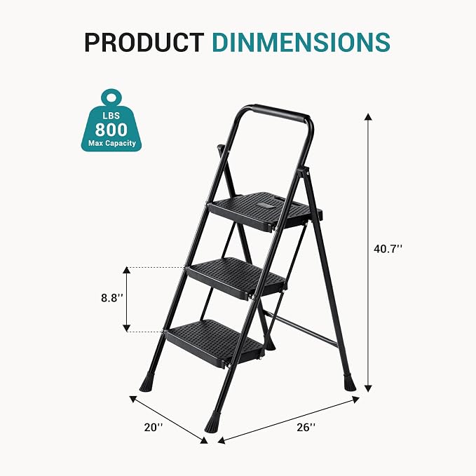 OLIXIS 3 Step Ladder, 800lbs Foldable Step Stool with Anti-Slip Pedal